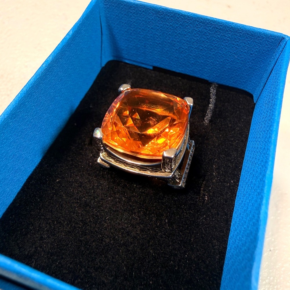 Natural Quartz 20 CTW Silver Rhodium Plated Orange Garnet Color Ring Sz 6